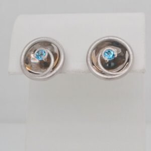 14K White Gold Reflective Spiral Blue Topaz Earrings