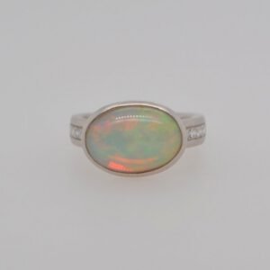 14K White Opal & Diamond Bezel Set Ring