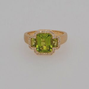 14K Three Stone Peridot & Diamond Ring