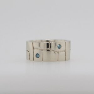 14K Blue & White Diamond Wide Carved Band