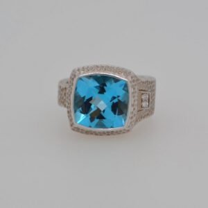 14K White Gold Blue Topaz Textured Asymmetric Ring