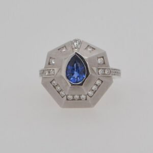 One of a Kind, 14K Pear Sapphire & Diamond Geometric Ring