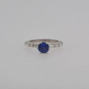 Platinum Sapphire & Baguette Diamond Ring