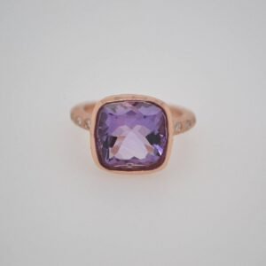 14K Cushion Cut Amethyst & Diamond Bezel Set Ring