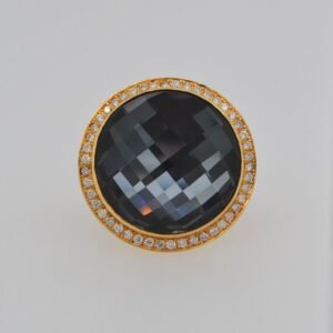 14K Hematite Diamond Halo Round Ring