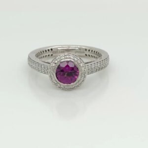 Platinum Grape Garnet Halo Diamond Ring