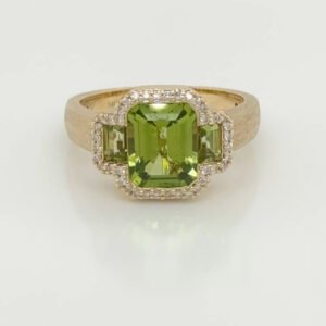 14K Three Stone Peridot & Diamond Ring