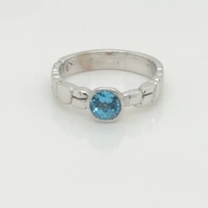 14K Blue Topaz Solitaire Bezel Set Sculpted Ring