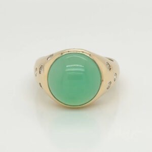 14K Chrysoprase Cabochon & Diamond Ring