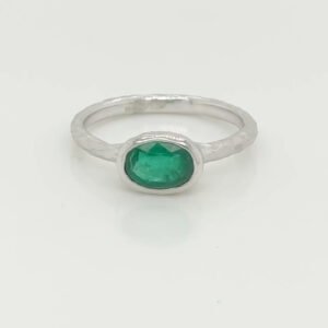 14K Emerald Solitaire Bezel Set Hammered & Brushed Ring