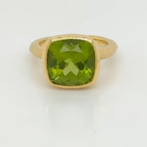 14K Cushion Cut Peridot Hammered Ring