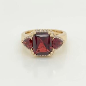 14K Radiant Garnet Three Stone Diamond Halo Ring