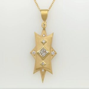 One of a Kind, 18K Princess Cut Diamond Geometric Brushed Pendant
