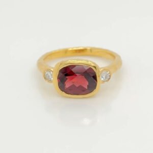 14K Cushion Cut Garnet & Diamond Hammered Ring