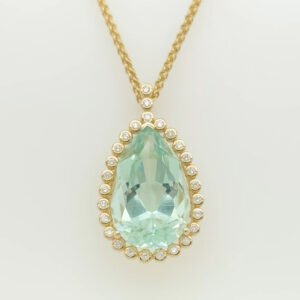 14K Light Green Pear Cut Beryl Diamond Halo Pendant