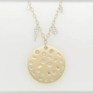 14K Baguette & Round Diamond Brushed Disc Necklace