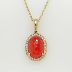 14K Coral/Quartz & Diamond Oval Pendant