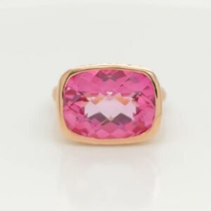 14K Pink Quartz Bezel Set Hammered & Brushed Ring